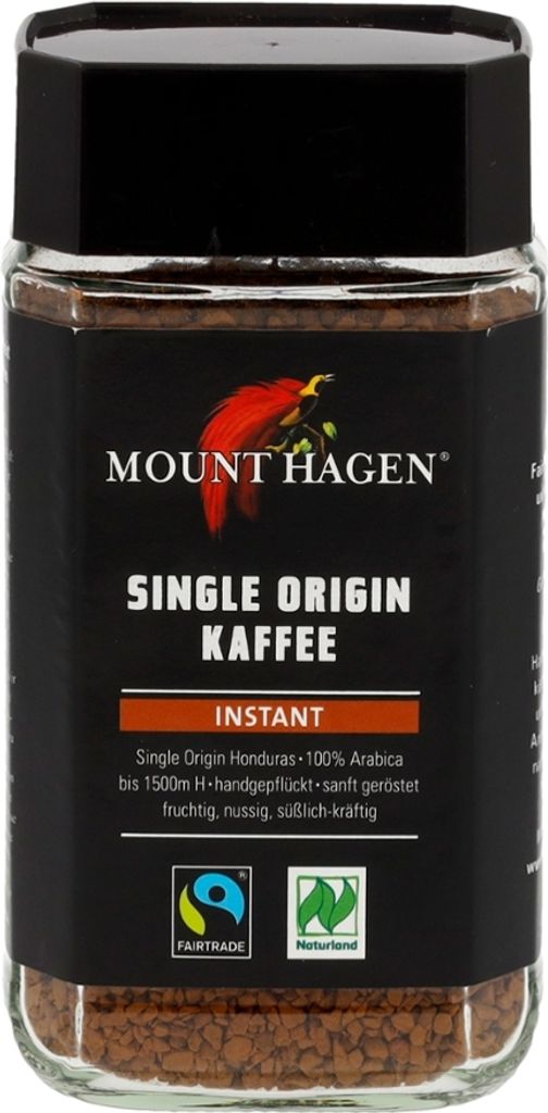 A jar of Mount Hagen instant coffee with its label clearly visible.