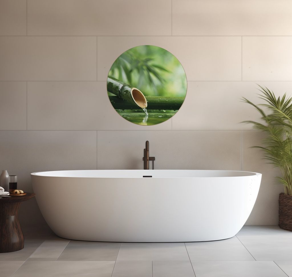 Wallario wasserfestes Poster selbstklebend 60 x 60 cm, Bambusquelle Bambusrohr mit Wasser, Badezimmerposter Spritzschutz mit Hochglanzoberfläche i...