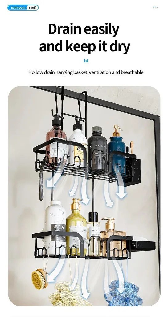 Rangement douche noir en métal sans perçage avec écoulement d'eau - 11