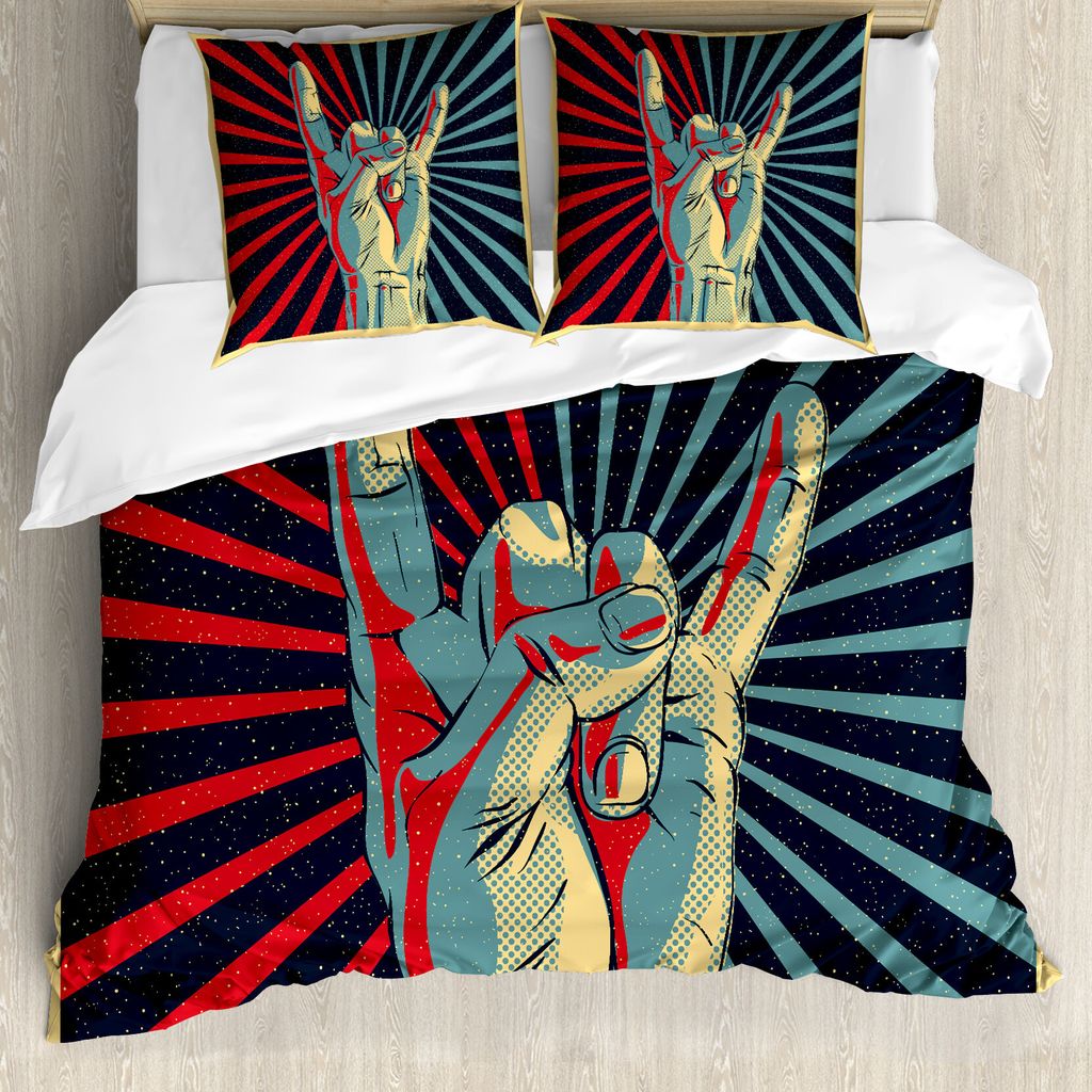 ABAKUHAUS Musik Bettbezug, Rock 'n' Roll Handzeichen, Milbensicher Allergiker geeignet mit Kissenbezügen, 155 cm x 220 cm - 80 x 80 cm, Mehrfarbig