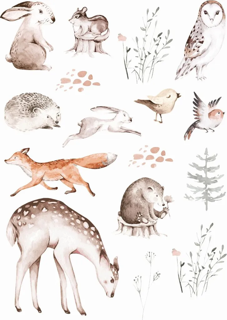 ESTAhome Sticker Mural Animaux de la Forêt Marron Dim. 47.5 x 66 cm