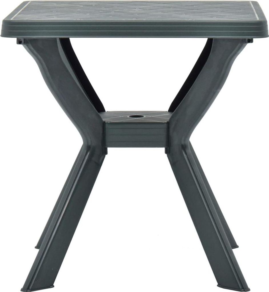 A dark green plastic bistrot table shown from the side against a white background.