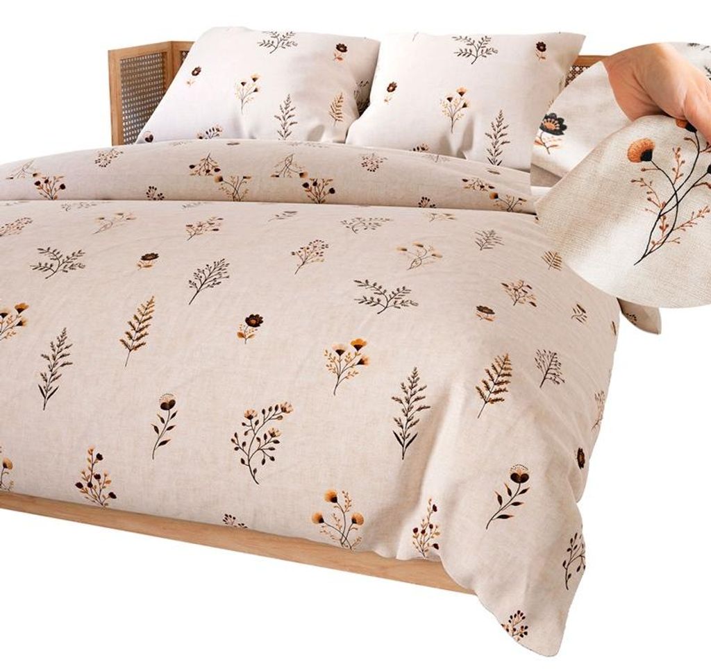 Bettwäsche, Baumwollsatin-Bettwäsche, hohe Qualität 200x220 Dusoria Beige, Wildblumen