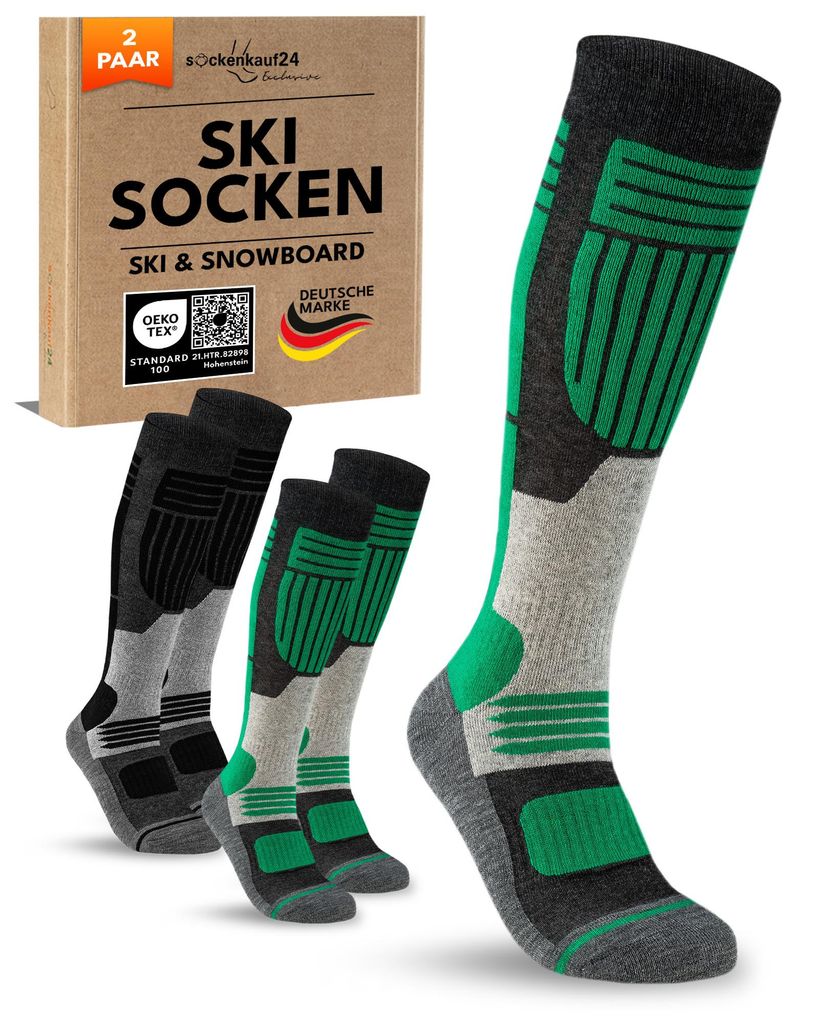Herren Skisocken Merino mit Polsterung 2 Paar Thermo Winter Kniestrümpfe - 70302T Grün/Schwarz 43-46