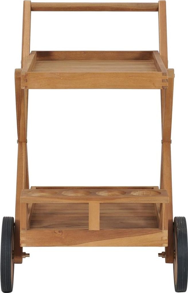 A wooden tea cart with two shelves and wheels, presented against a white background.