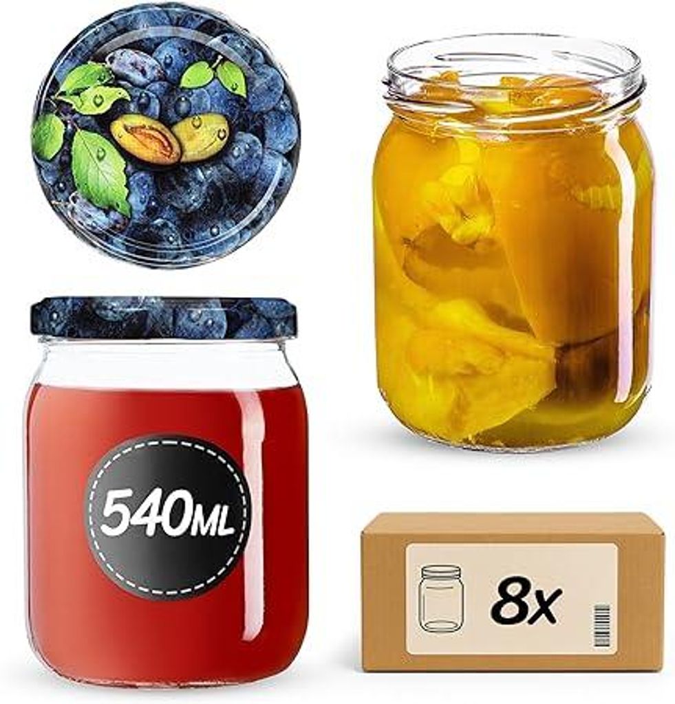 KADAX Einmachgläser mit Deckel "Senna", Marmeladengläser, Einweckgläser, 540 ml, Pflumen, 8 Stück
