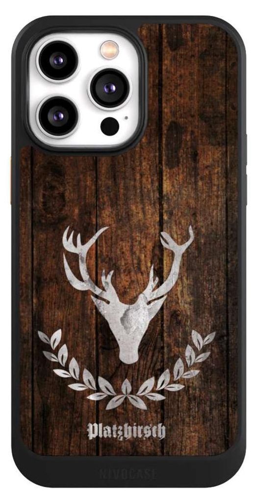 NIVOCASE Hülle für Apple iPhone 14 Pro Max Handyhülle NIVOcore Case Schwarz Hirsch Holz Holzoptik