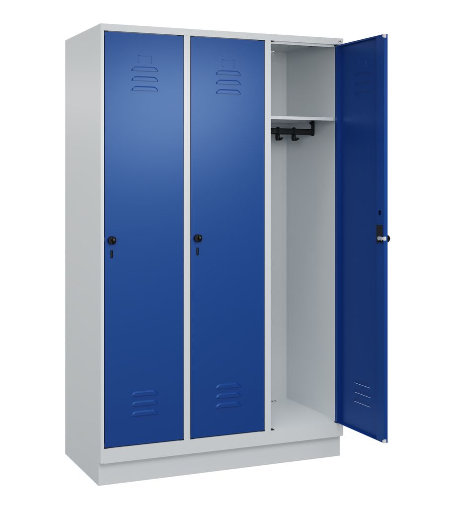 Garderobenschrank, BxTxH 1200x500x1950 mm, 3 Abteile, B 400 mm, Sockel, Drehriegel, RAL 7035/5010