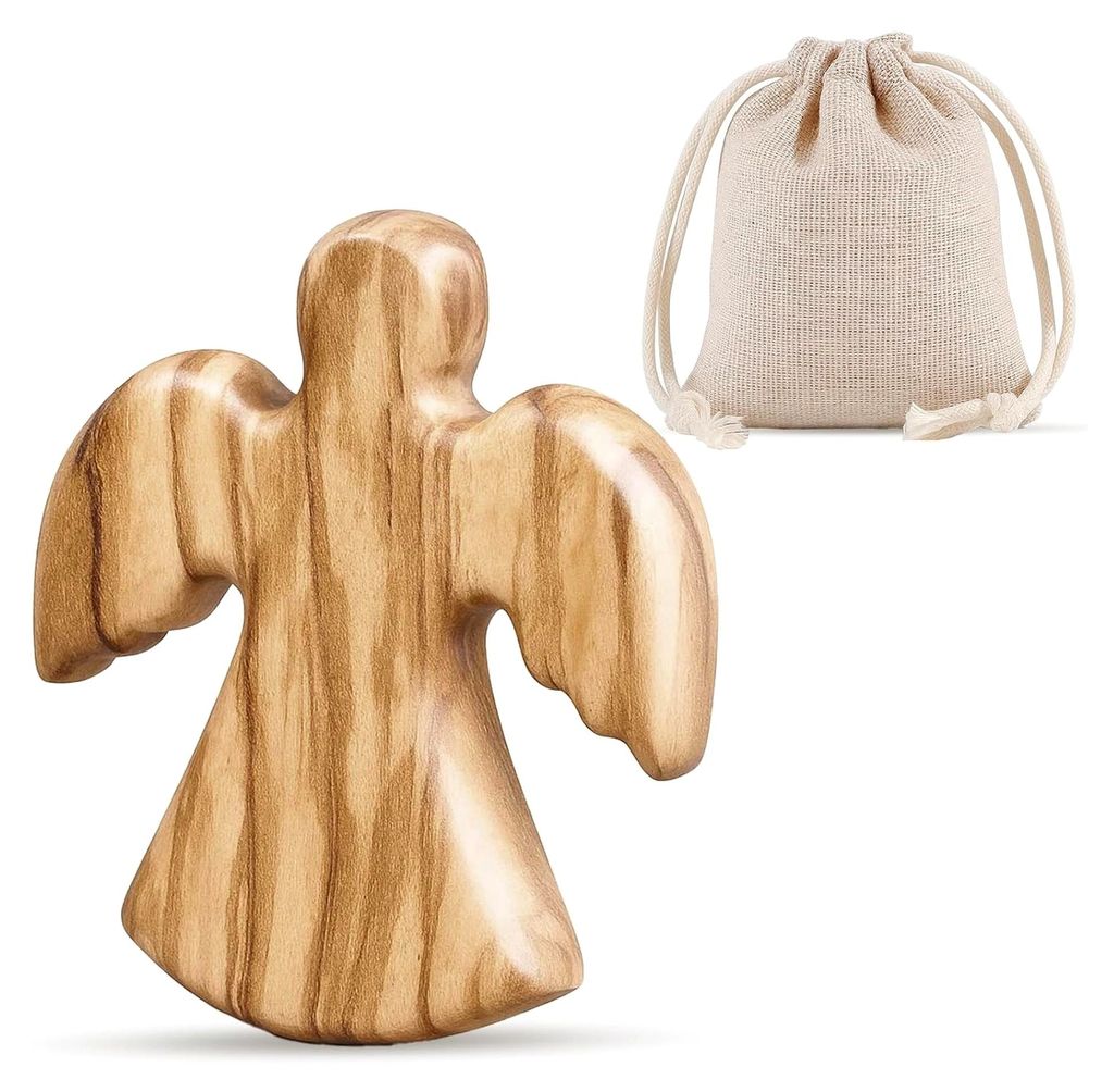 Schutzengel Figur aus Olivenholz mit Aufbewahrungsbeutel, Handschmeichler für Taufe und besondere Anlässe, Maße 5x2,5x1,3 cm