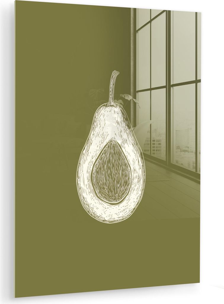 MuchoWow Glasbilder - Bilder auf Wandbild - Foto auf Glas Avocado - Minimalistisch - Illustration - Grün 60x80 cm Wanddekoration aus Glas - Acrylg...