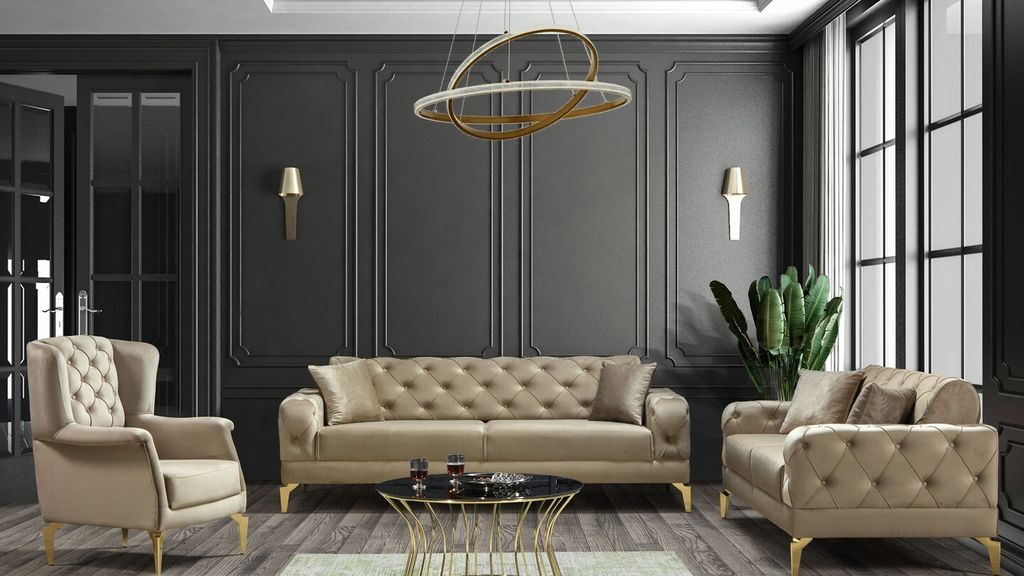 Sofa Set Komfort, Couchgarnitur 3+2+1 Spar-Set in Hellbraun Samtstoff