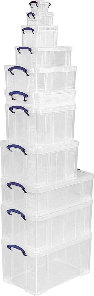 A stack of clear plastic storage boxes with blue handles, arranged in a pyramid shape.