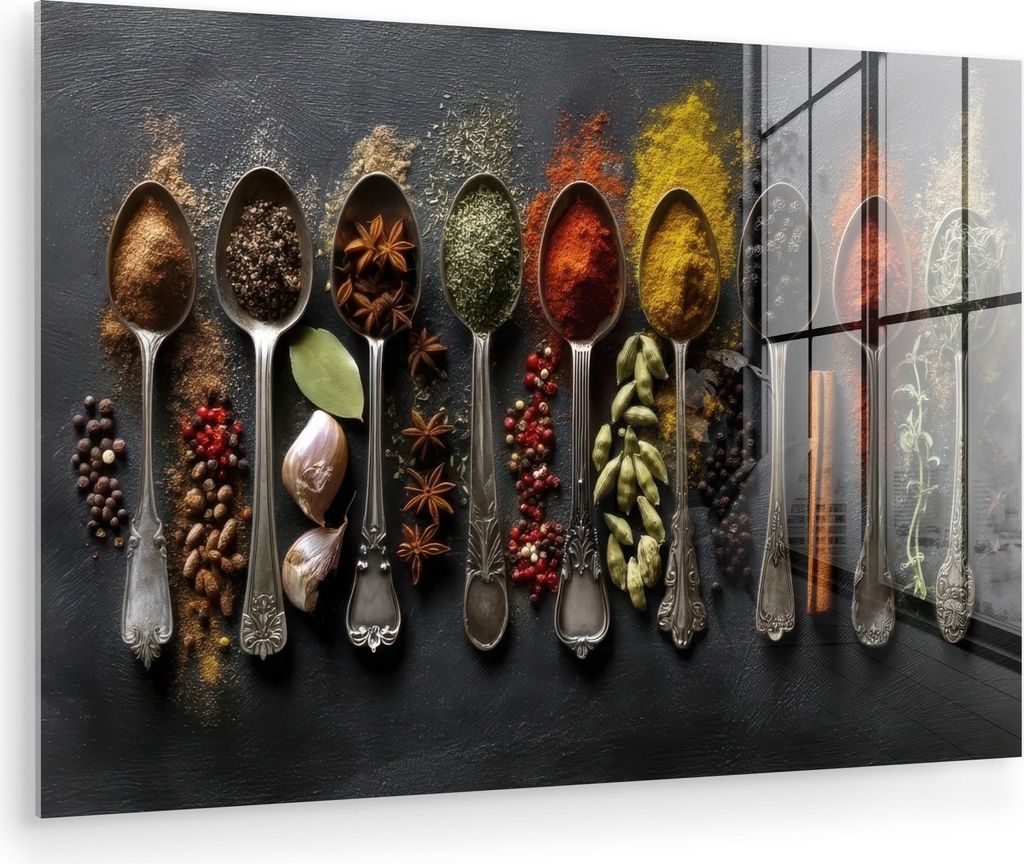 MuchoWow Glasbilder - Bilder auf Wandbild - Foto auf Glas Löffel - Gewürze - Zimt - Chili 90x60 cm Wanddekoration aus Glas - Acrylglasbild - Acry...