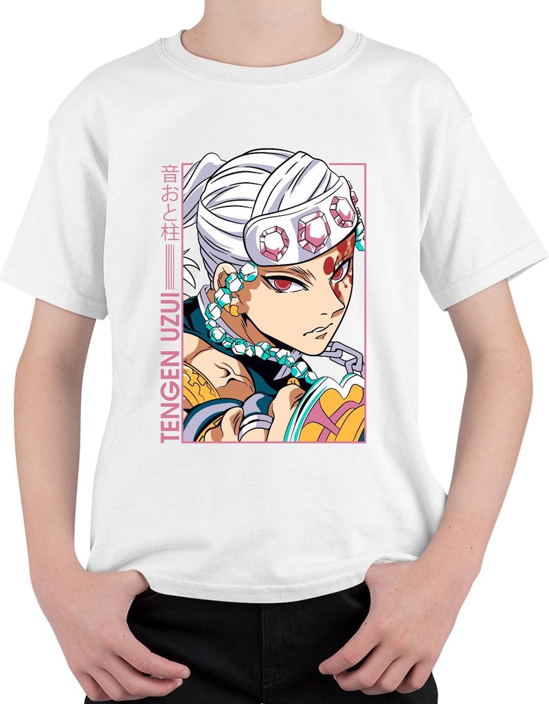 Tengen Uzui Kimetsu no Yaiba Anime Juwelen Stirnband Cosplay Uni Kinder T-Shirt, Weiß, 152