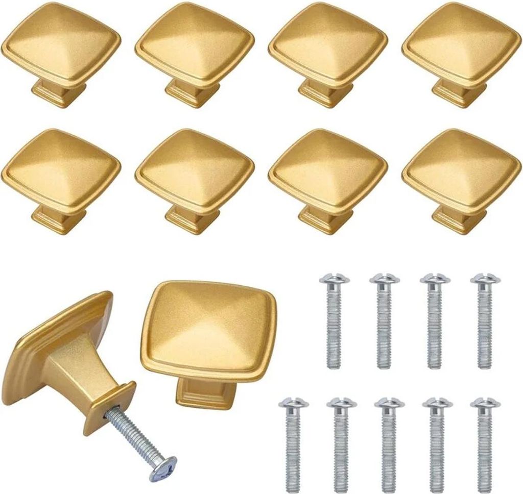 10er-Pack goldene Schrank-/Schubladenknöpfe, Messing-Türgriffe für Kleiderschränke, Küche, Schrank, Badezimmer mit Schraubbolzen, quadratische...