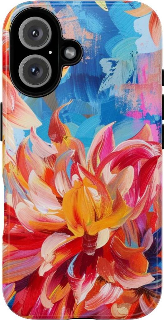 Leuchtende Dahlien auf abstraktem blauem Hintergrund – Hülle Kompatibel mit iPhone 16