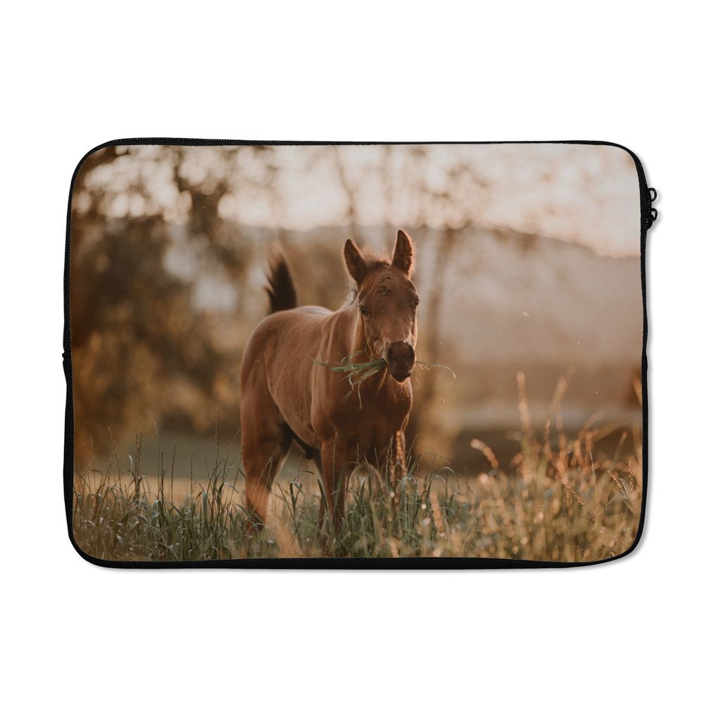MuchoWow Laptop Hülle 14 ZollPferd - Sonne - Gras Laptoptasche - Laptoptasche - Stoßsicher - Schutzhaube