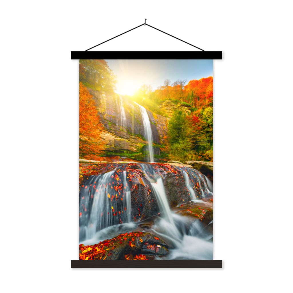 MuchoWow Textilposter Wasserfall - Natur - Herbst - Rot - Wasser 120x180 cm mit schwarzem Rahmen - Fotos