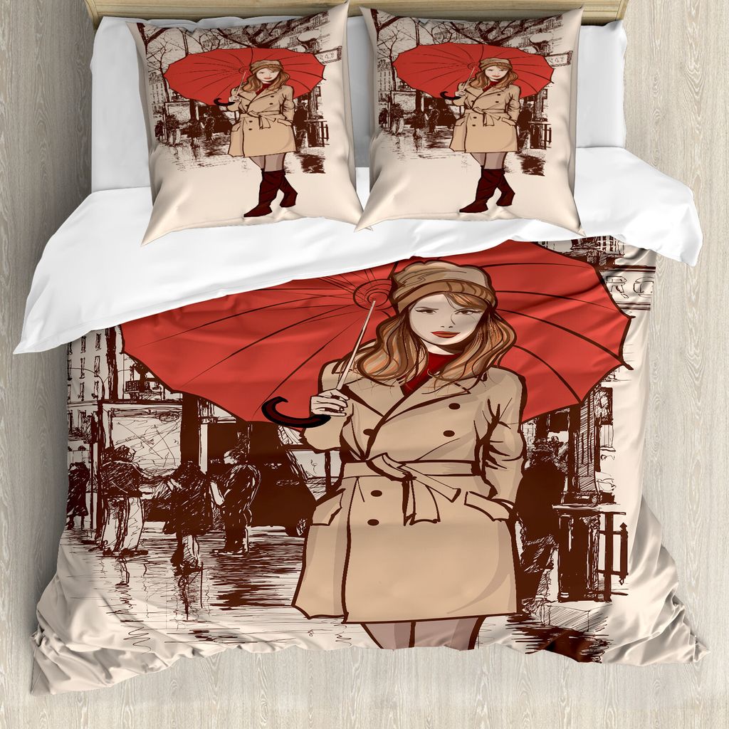 ABAKUHAUS Regenschirm-Mädchen Bettbezug Set für Einzelbetten, Lady Walking in Paris, Milbensicher Allergiker geeignet mit Kissenbezug, 200 cm x 2...