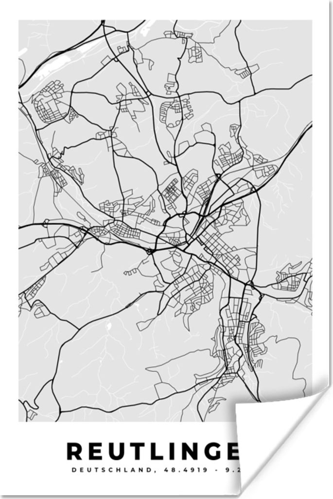MuchoWow Poster Stadtplan - Deutschland - Karte - Reutlingen 20x30 cm - Papierdruck
