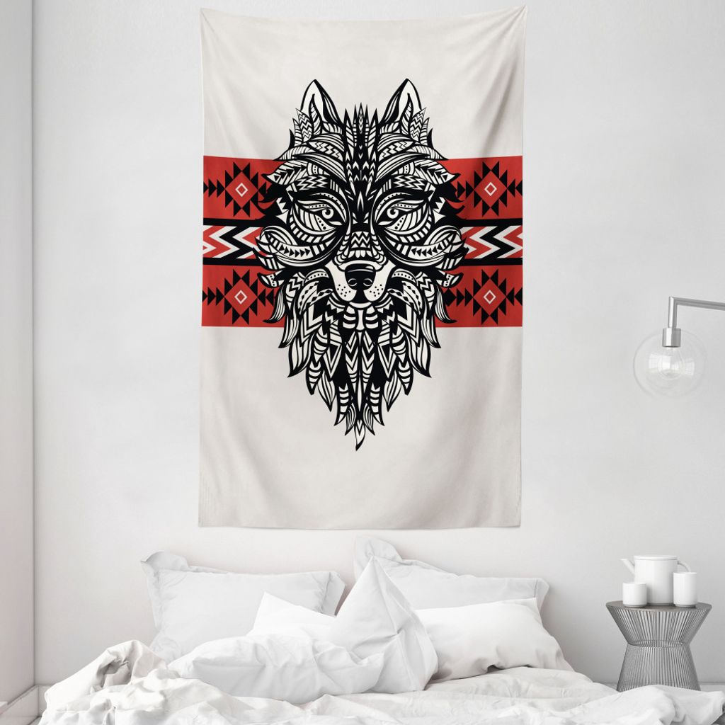 ABAKUHAUS Wolf Wandteppich und Tagesdecke, Tattoo-Art-Tier Gesicht aus Weiches Mikrofaser Stoff Waschbar ohne Verblassen Digitaldruck, 140 x 230 cm...