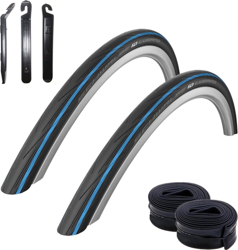 2 x Schwalbe Lugano 28" Rennradreifen Reifen Schwarz - blauer Streifen 700 x 25C (25-622) + 2 Schwalbe Schläuche SV15 lang (60 mm) inkl. 3 Reifenh...