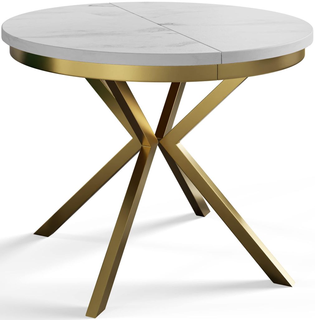 Esstisch Rund Bergo, Esstisch Ausziehbar 90-170 cm, Moderner Wohnzimmertisch, Marmur mit Metallbeinen in Gold