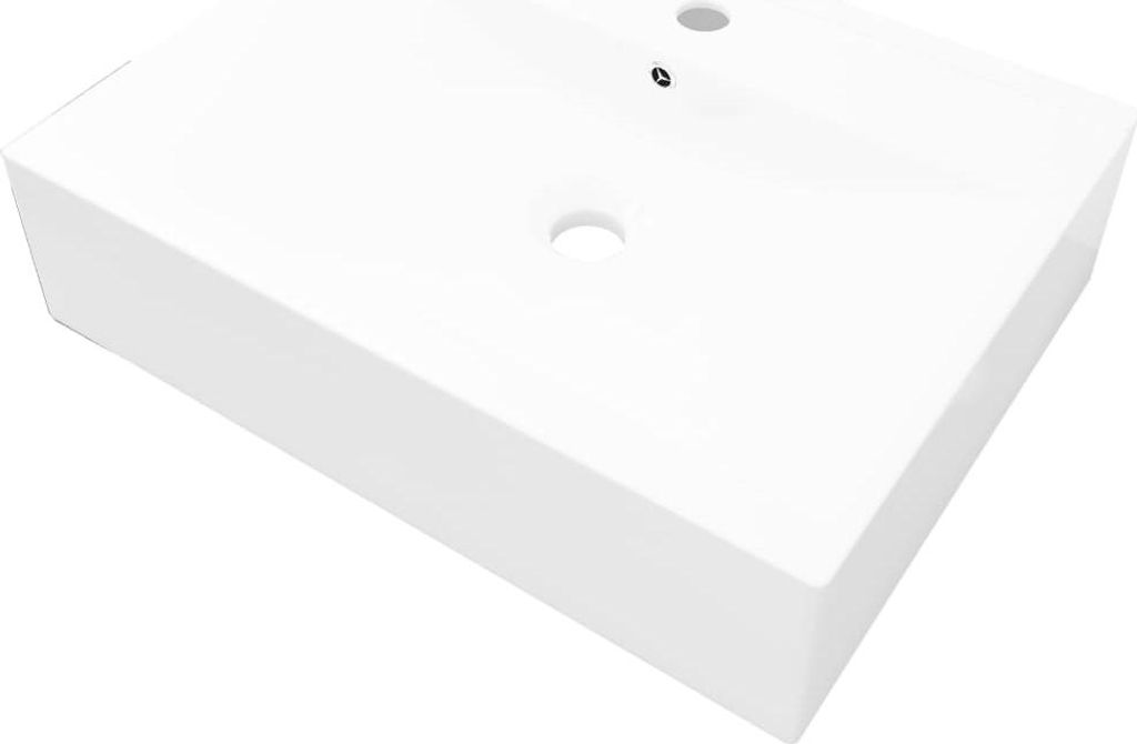 A white rectangular ceramic sink with two holes on a white background.