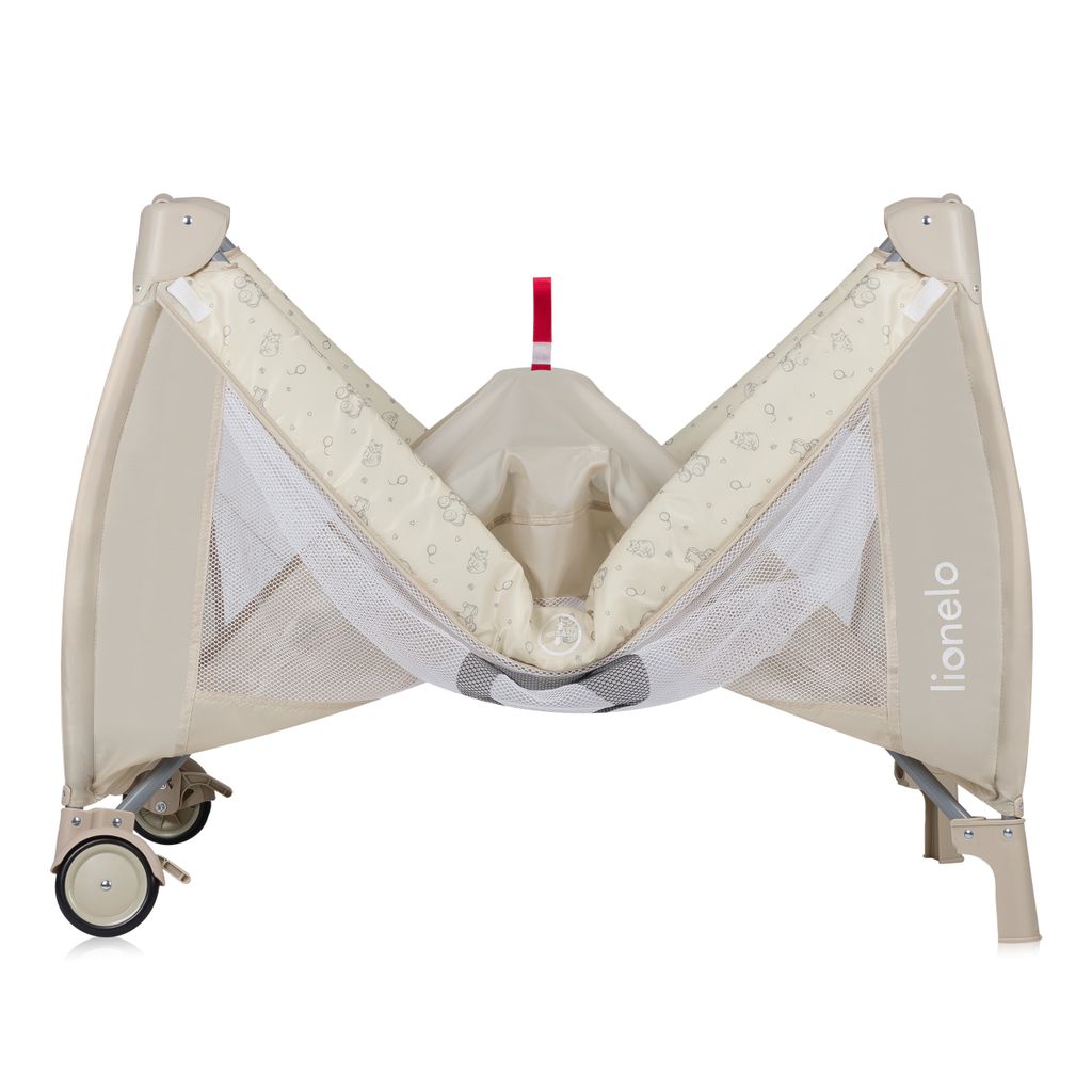 A baby travel cot is shown from a slightly elevated front-facing angle, with its sides partially open.