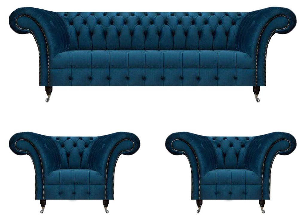 Chesterfield Blaue Sitzgarnitur Modernes Komplettes Wohnzimmer Sofa Set