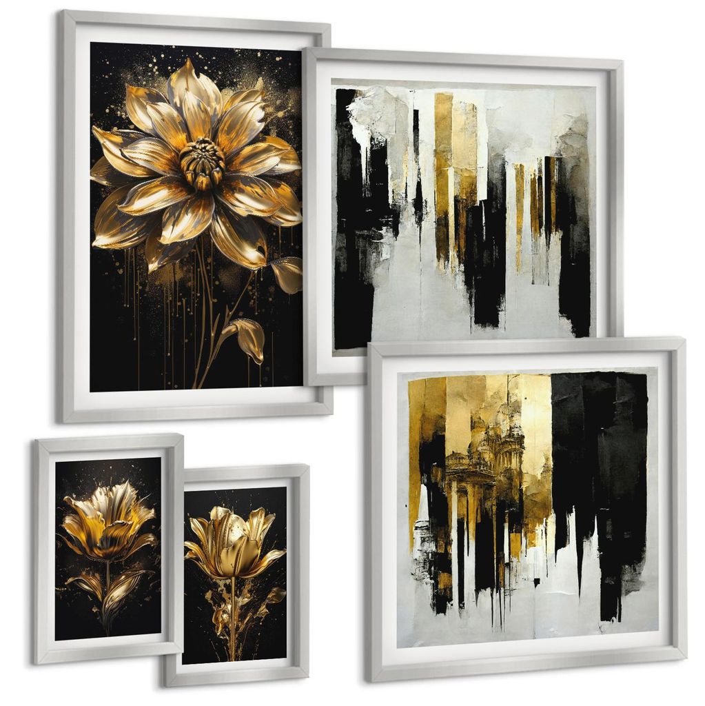 Bilder Set 5-teilig im silbergerahmten Rahmen – Wandbilder 5 Stück – gerahmte Poster für Wohnzimmer, Schlafzimmer und Flur – 50x50 cm - 40x...