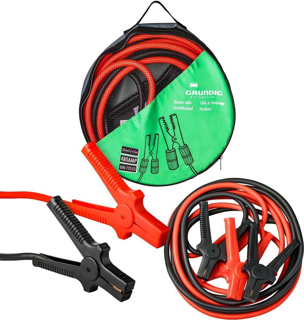 GRUNDIG Starthilfekabel verwicklungsfreies Überbrückungskabel 4,5m - 35mm²- 480 Ampere 12V / 24V - Vollisolierte Polklemmen - nach DIN 72553 - ...
