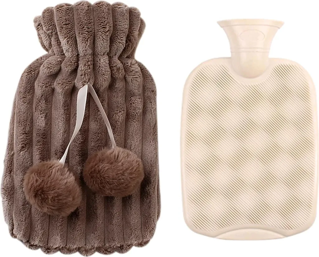 Bouillotte à Eau Chaude Grande Capacité 2L avec Housse Moelleuse Brune