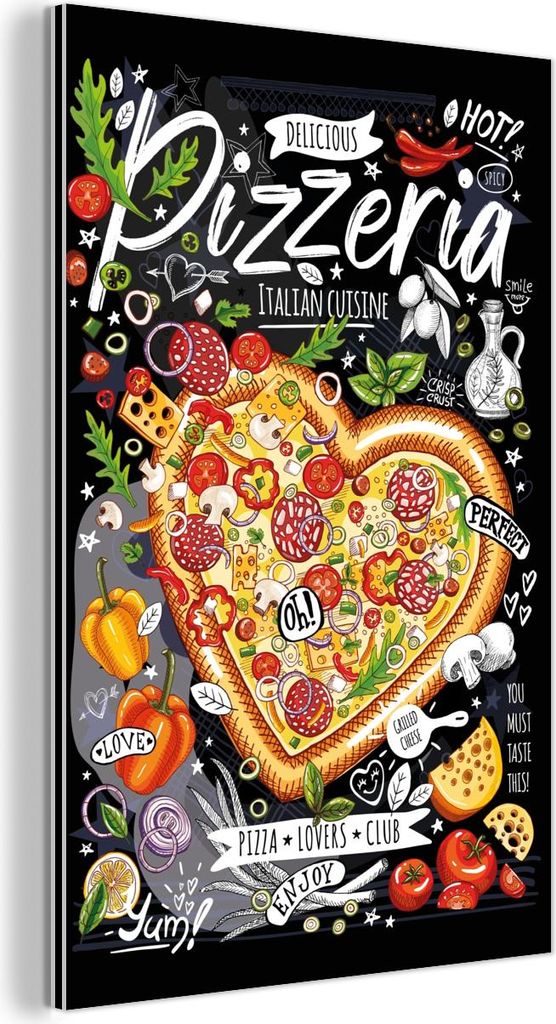 MuchoWow Wanddekoration Metall Metallbild Wandkunst 40x60 cm Pizzeria - Speisekarte - Bunt - Texttafel - Illustration - Schwarz MuchoWow Aluminium ...