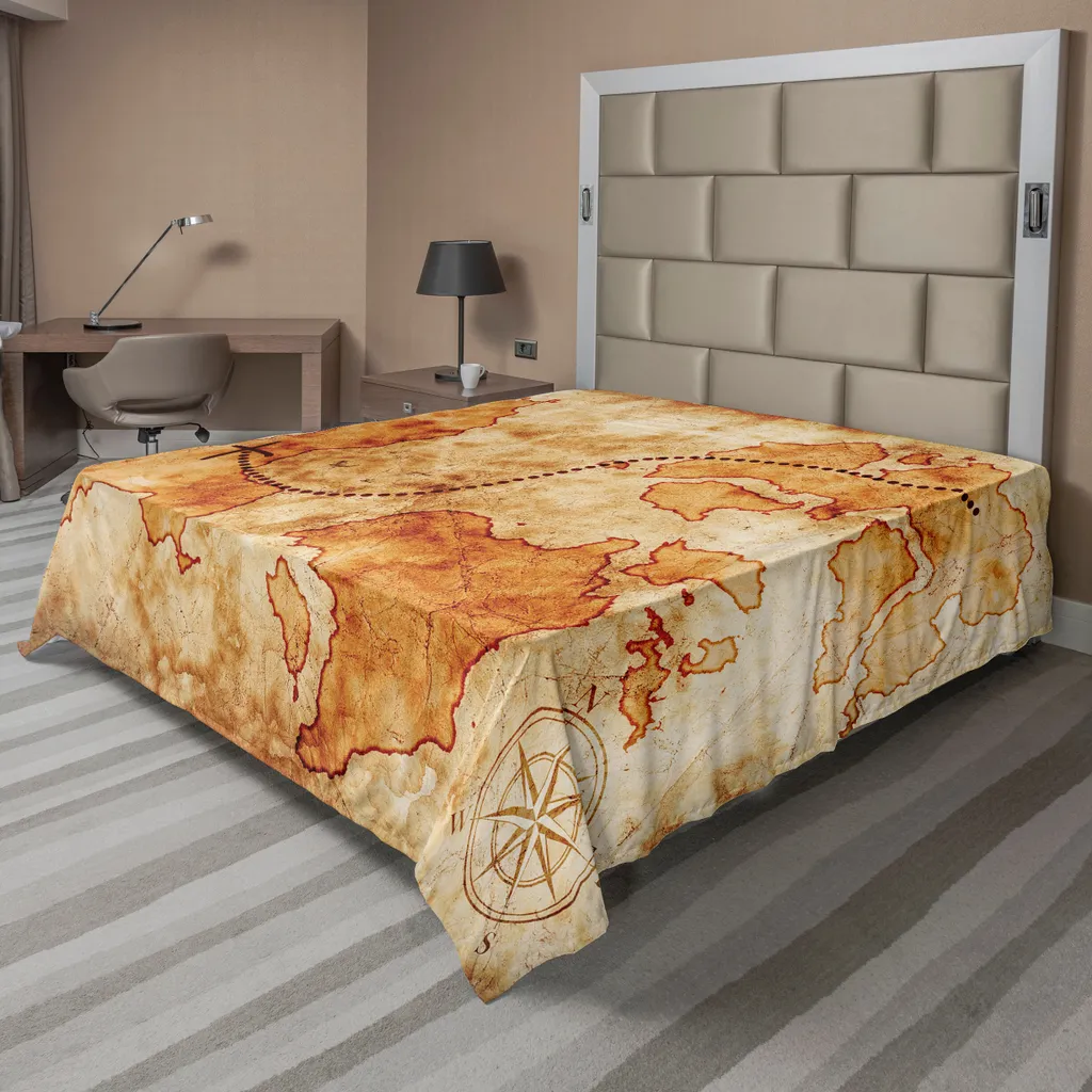 Drap plat décoratif motif boussole et carte du monde ancienne 266x260cm
