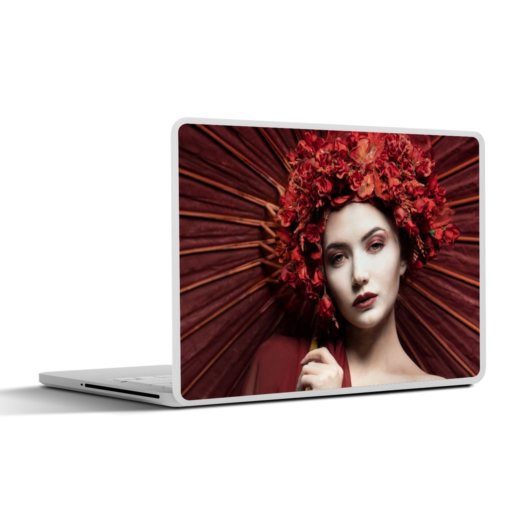 MuchoWow Laptop Aufkleber Sticker Cover Frau - Rot - Porträt - Regenschirm 40x30 cm - Laptop Dekoration - Selbstklebend