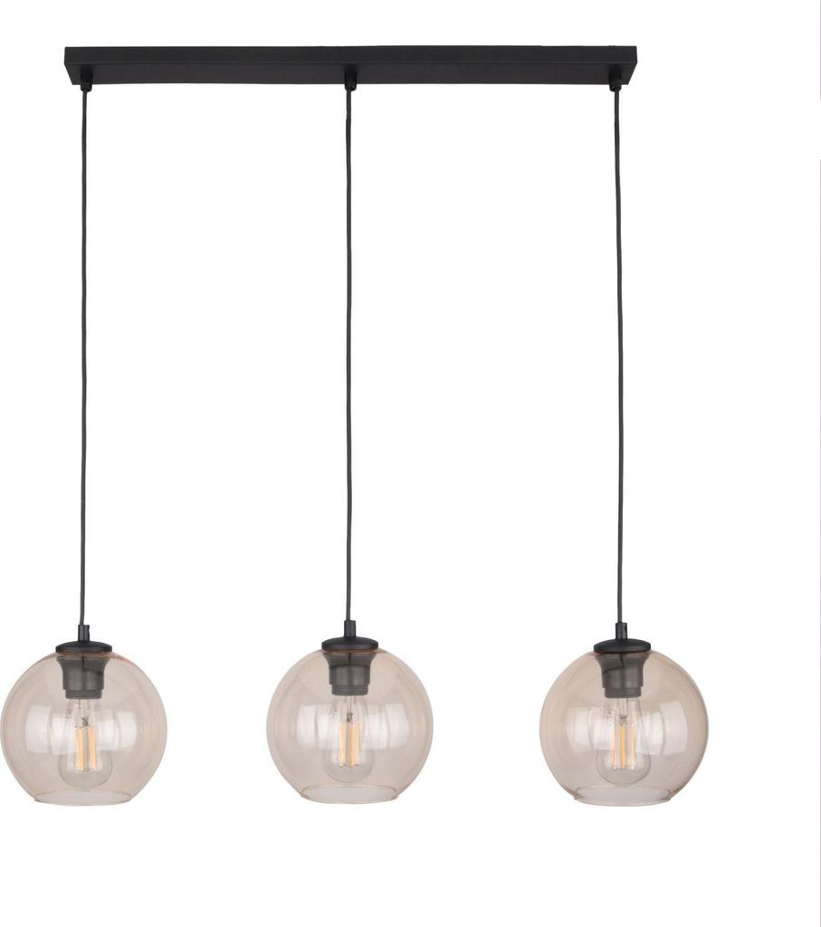 Hängelampe Metall Rauchglas H: max. 100 cm Schwarz Bernstein E27 3-flammig Kugel Schirm Modern Hängeleuchte