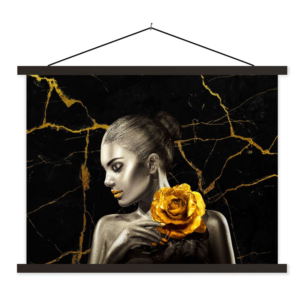 MuchoWow Textilposter Frauen - Rosen - Gold - Marmor 40x30 cm mit schwarzem Rahmen - Dekorationen