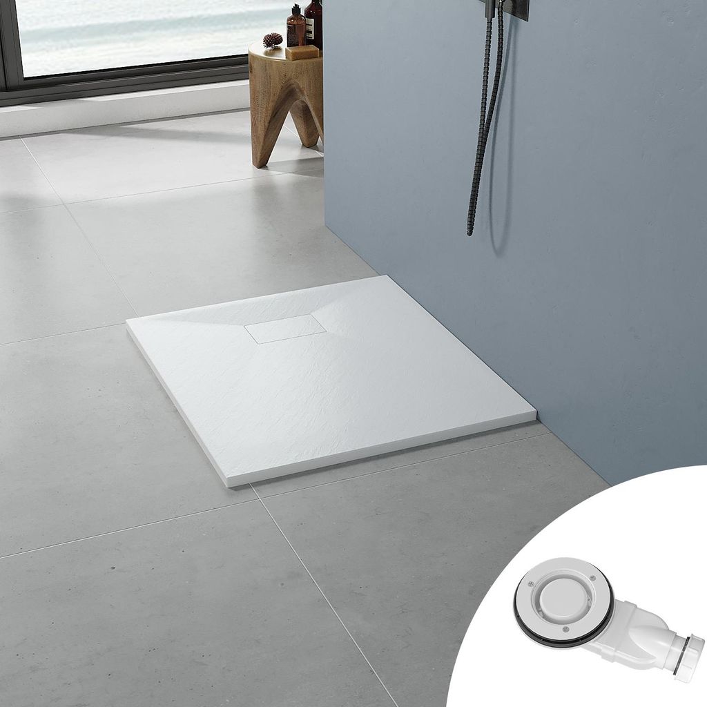 AQUABATOS Rutschfeste Duschwanne 90x80 cm, weiße Duschtasse aus SMC-Glasfaser, Höhe 2,6 cm, individuell zuschneidbar mit Ablauf