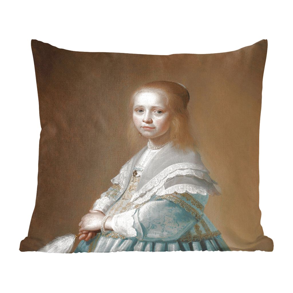 MuchoWow Zierkissen Sofakissen Wohnzimmer Dekokissen 50x50 cm Porträt eines Mädchens in Blau - Gemälde von Johannes Cornelisz. Verspronck - Ko...