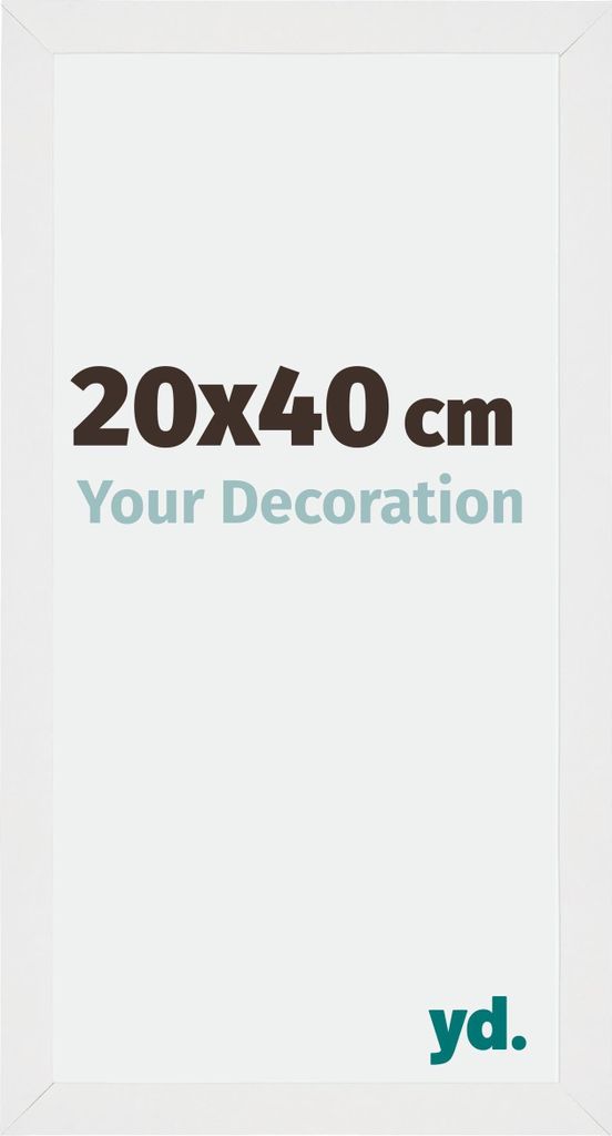 A white picture frame with text indicating size and a logo.