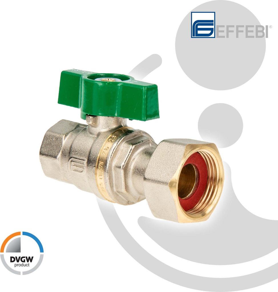 EFFEBI Trinkwasser-Kugelhahn 2163V - mit Überwurfverschraubung 1 Zoll (DN25) x Innengewinde 3/4 Zoll (DN20) - DVGW - inkl. Dichtung