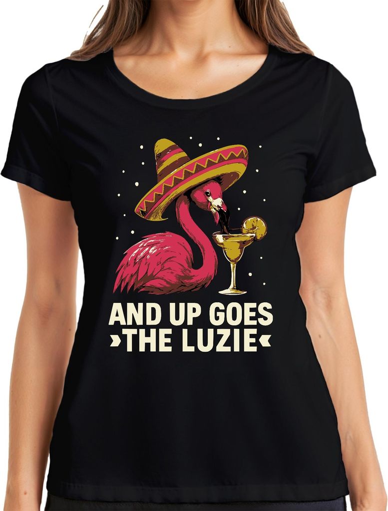 Flamingo Sombrero Margarita Up Goes the Luzie Fiesta Cocktail Party Damen T-Shirt, Schwarz, M
