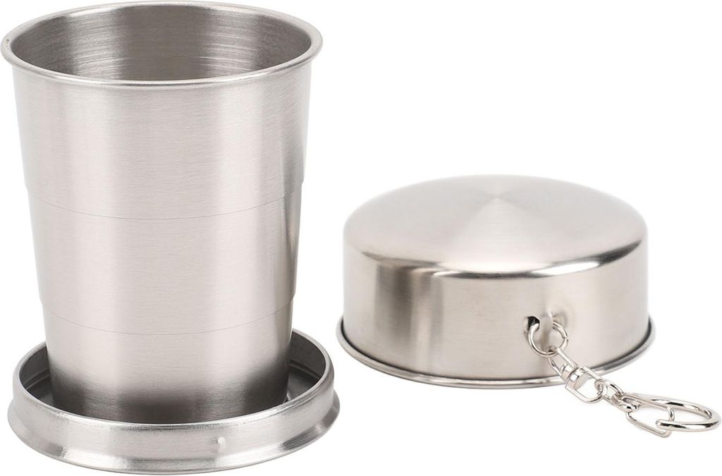 Zusammenklappbarer Edelstahlbecher für Outdoor-Reisen, Camping, tragbar, faltbar, mit Schlüsselanhänger für Picknick, Wandern, 150 ml
