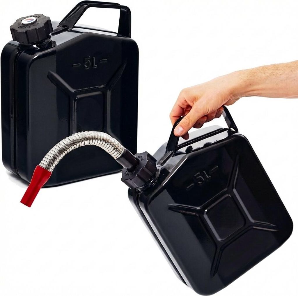 BW Kraftstoffkanister Metall Benzinkanister 2x 5 Liter mit Schraubverschluss mit Ausgießer - Schwarz RAL 9005 - UN-Zulassung - Hergestellt in Eu...