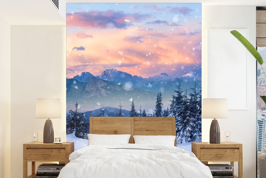 MuchoWow Fototapete für Wohnzimmer oder Schlafzimmer Wandtapete Vinyl Motivtapete Schnee - Himmel - Wald - Winter - 165x220 cm - Wanddekorationen