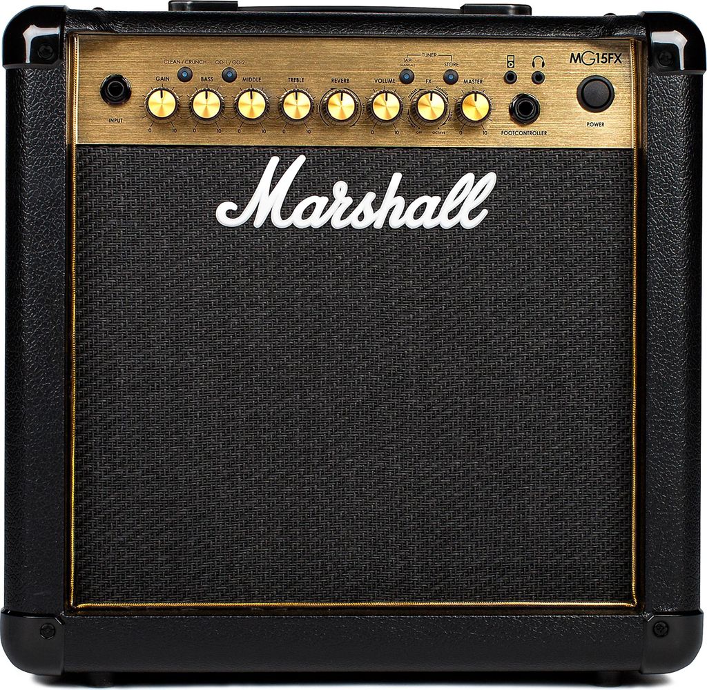 A front view of a Marshall guitar amplifier.