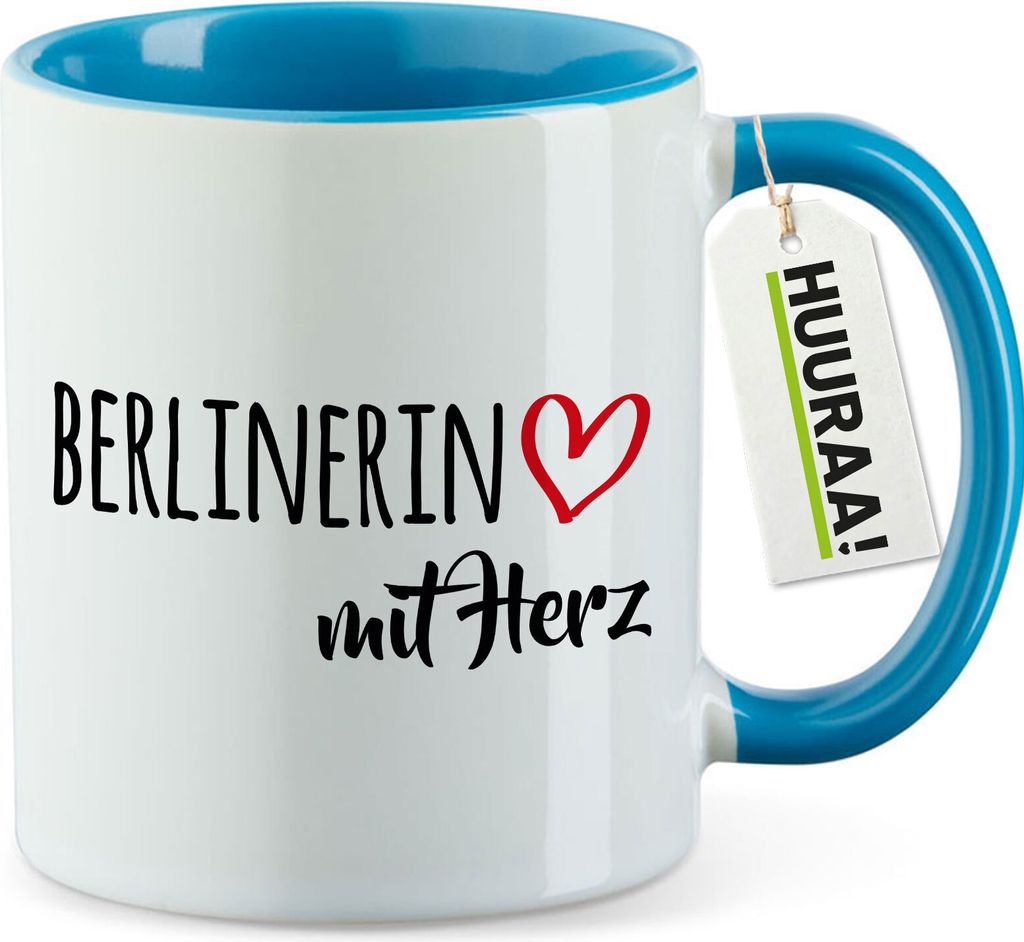 Huuraa Kaffeetasse Berlinerin mit Herz 330ml Blau Keramik Kaffeebecher Geschenkidee