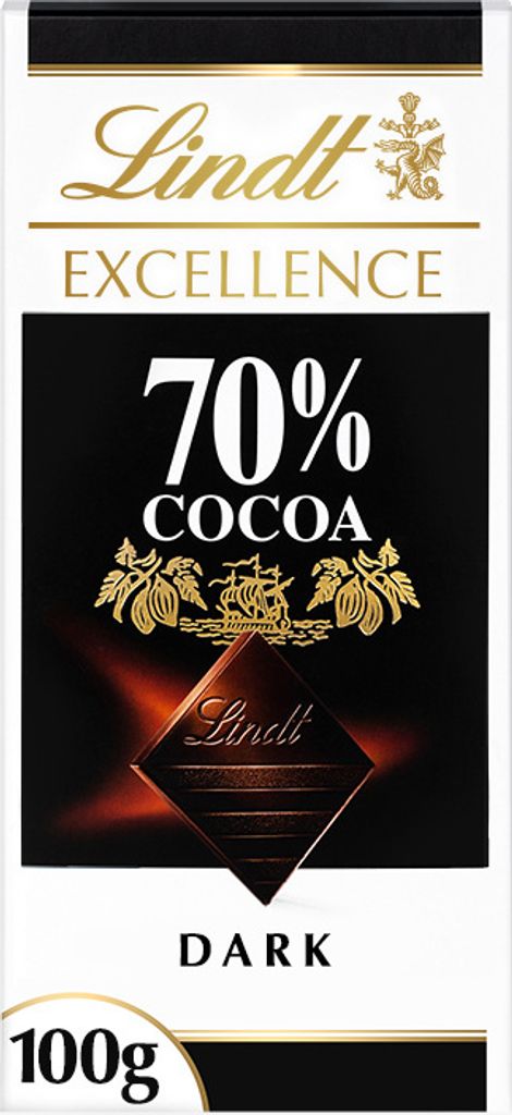 A product shot of a Lindt Excellence 70% Cocoa Dark Chocolate bar.