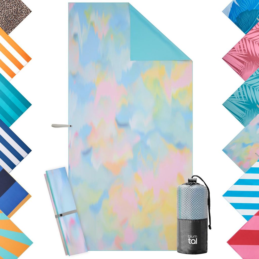 A collage of beach towels, with a main towel in the center and smaller swatches of other towel designs arranged around it.